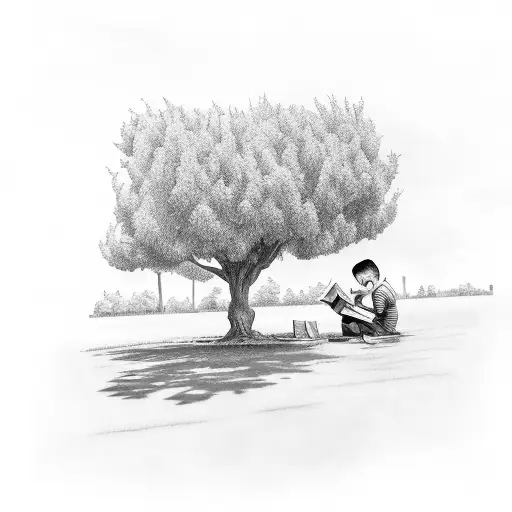 A boy reading a book under a willow tree tattoo design idea