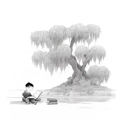 A boy reading a book under a willow tree tattoo design idea