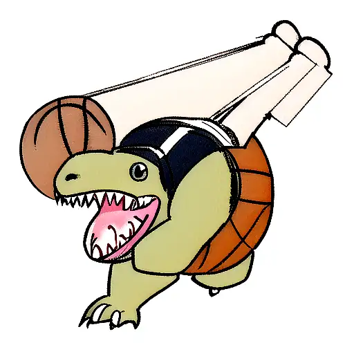 cute T-Rex dribbling a basketball while wearing a soldier's helmet tattoo design idea