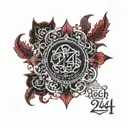 A thick metalic black background having a centered captioned "March 24th" In blood red color  tattoo design idea