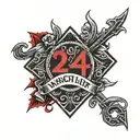 A thick metalic black background having a centered captioned "March 24th" In blood red color  tattoo design idea