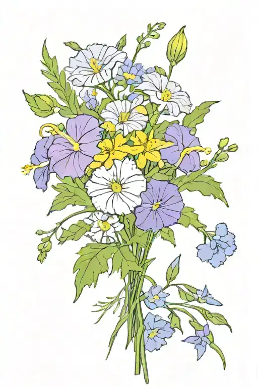 Bouquet of flowers Violet Jonquil Marigold Morning Glory tattoo design idea