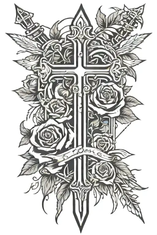 cross with swords as lines and roses around the sword and 4 bold underlines under the cross/sword tattoo design idea