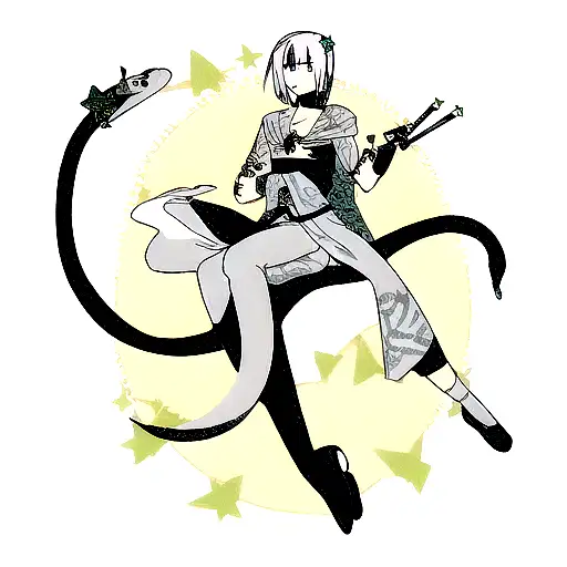 a dagger fineline style with a snake in the background and stars around tattoo design idea