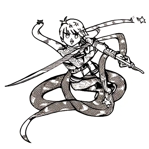 a dagger fineline style with a snake in the background and stars around tattoo design idea