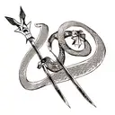 a dagger fineline style with a snake in the background and stars around tattoo design idea