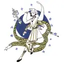 a dagger fineline style with a snake in the background and stars around tattoo design idea