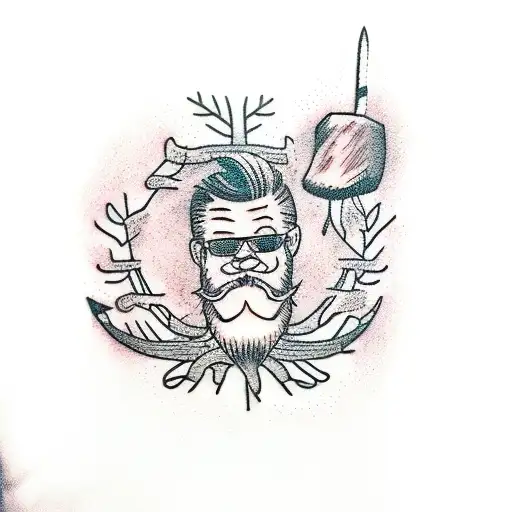 Tree with hammer saw and beard tattoo design idea