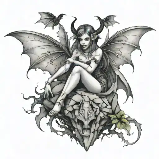 evil fairy on a rock with bats coming out of her hands tattoo design idea