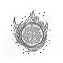 Create a tattoo featuring fire and a semi colon in a blackwork style tattoo design idea