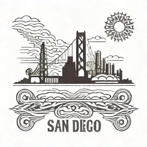 san diego skyline include coronado bridge, hazy day, filipino sun in sky to the left, and in front of picture balate tre tattoo design idea