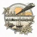 san diego skyline include coronado bridge, hazy day, filipino sun in sky to the left, and in front of picture balate tre tattoo design idea