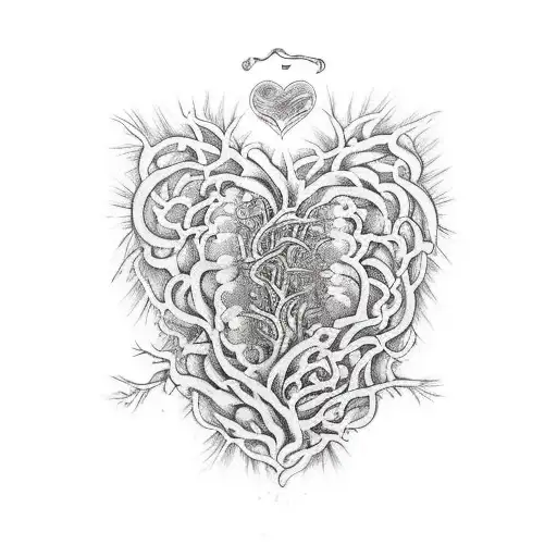 continuous network of mycelium roots encaging and flowing into and out of a human heart tattoo design idea