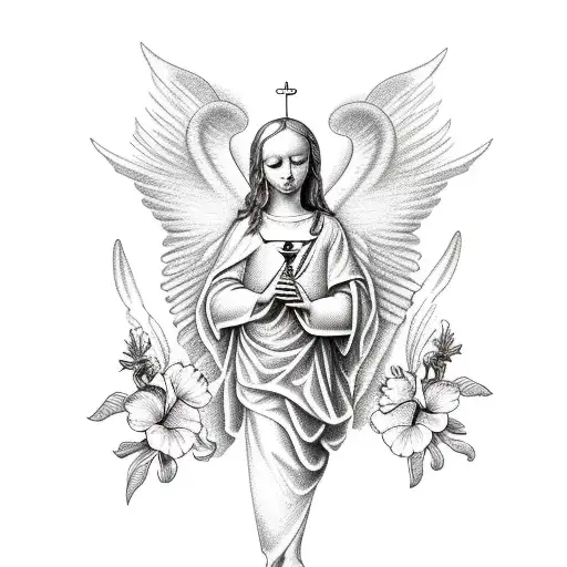  angel with trumpet and Virgin Mary? With some butterfly, hibiscus flowers, and J tattoo design idea