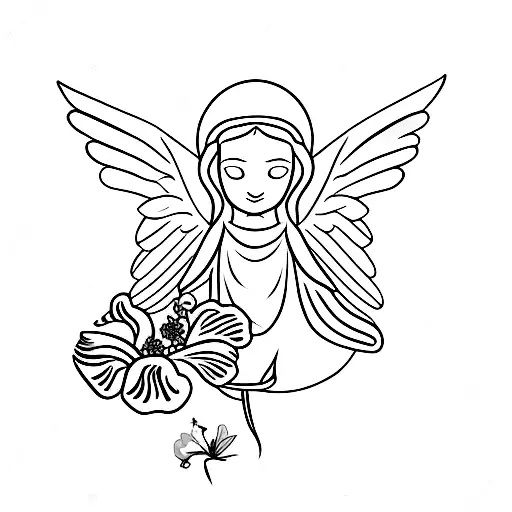  angel with trumpet, Virgin Mary, butterfly, hibiscus flowers,   tattoo design idea
