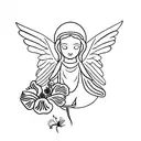  angel with trumpet, Virgin Mary, butterfly, hibiscus flowers,   tattoo design idea