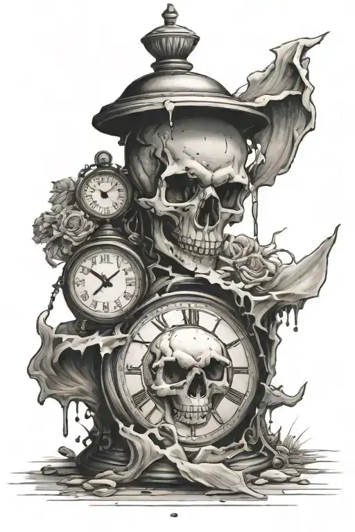 create me a tattoo design using a broken clock design with a broken skull with a sand timer with a soul trapped in side tattoo design idea