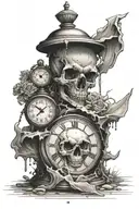 create me a tattoo design using a broken clock design with a broken skull with a sand timer with a soul trapped in side tattoo design idea