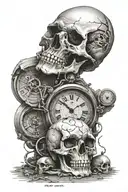 create me a tattoo design using a broken clock design with a broken skull with a sand timer with a soul trapped in side tattoo design idea
