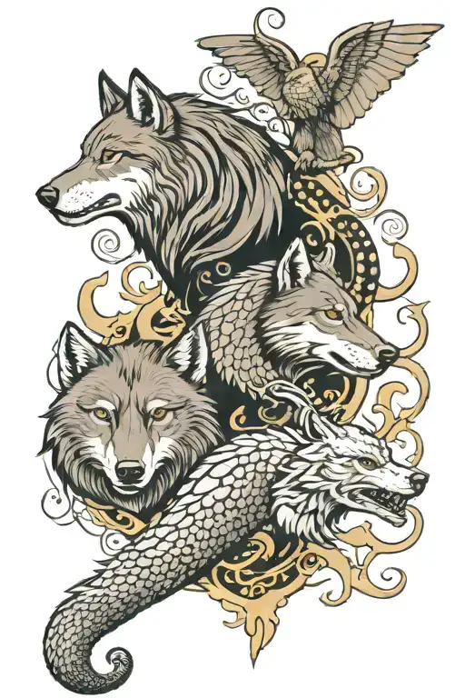 A combined tattoo of two wolves one black and one one, a snake, and eagle, an elephant, toads , a dear, a bull, rabbits tattoo design idea