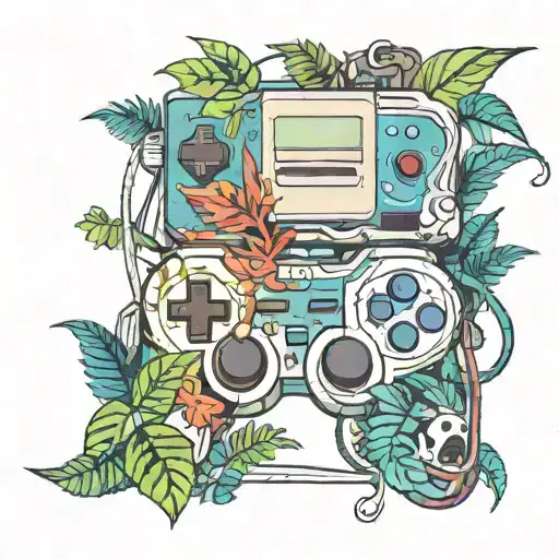 A traditional tattoo of a video game controller surrounded by rainforest foliage tattoo design idea