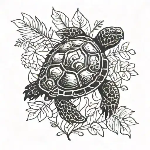 A new school tattoo of a turtle surrounded by rainforest foliage tattoo design idea