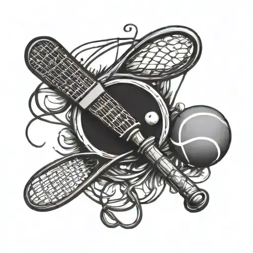 A blackwork tattoo of a tennis racket and a whisk crossed together, symbolizing the client's dedication to both sports and baking tattoo design idea