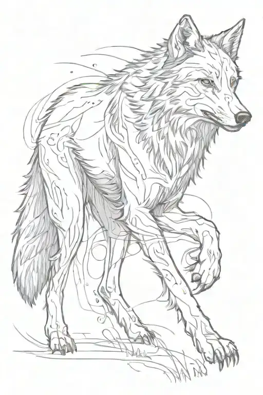 the wolf runs at full height, fluffy tail wrapped tattoo design idea
