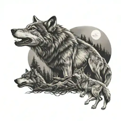 A realistic black and grey tattoo of a muscular wolf representing you, with 5 smaller wolves representing your family members in the background, surrounded by a rough forest setting. Two birds resembling your aunt and uncle flying in the sky under a full moon. tattoo design idea