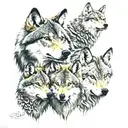 A realistic wolf representing the client with 5 other wolves representing their parents and brothers in the background, with 2 birds resembling their aunt and uncle tattoo design idea