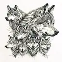 A realistic wolf representing the client with 5 other wolves representing their parents and brothers in the background, with 2 birds resembling their aunt and uncle tattoo design idea