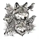 A realistic wolf representing the client with 5 other wolves representing their parents and brothers in the background, with 2 birds resembling their aunt and uncle tattoo design idea