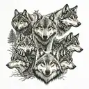 A realistic wolf representing the client with 5 other wolves representing their parents and brothers in the background, with 2 birds resembling their aunt and uncle tattoo design idea