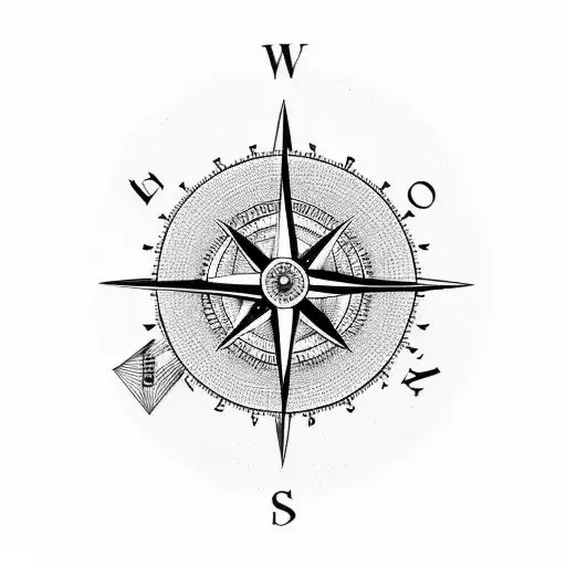 A minimalist tattoo of a compass with trees and mountains in the background tattoo design idea