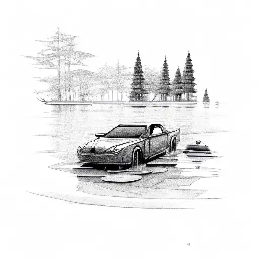 car and lake in forest tattoo design idea