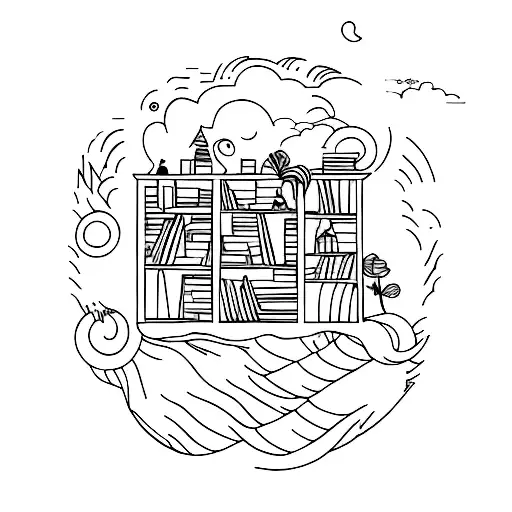 A bookshelf with a hidden doorway leading to a magical world tattoo design idea