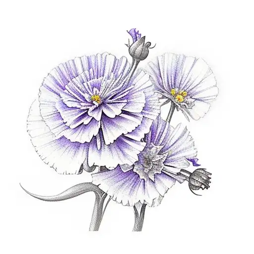3 carnations, 2 violets, daisy, daffodil, rose, delphinium, aster, marigold, peony tattoo design idea
