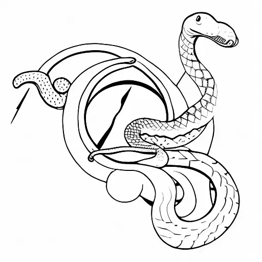 A minimalist tattoo design combining a crescent moon and a snake intertwined, symbolizing a harmonious balance between light and darkness in music. tattoo design idea