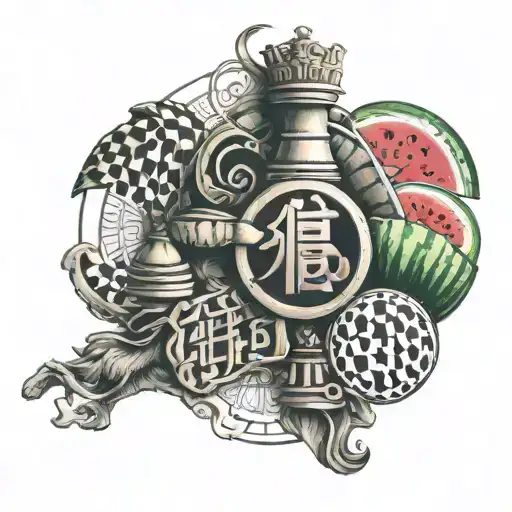 chinese letters and chess and watermelon symbol tattoo design idea