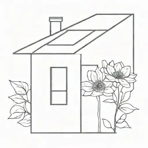 house with flower very simple and fine line tattoo design idea