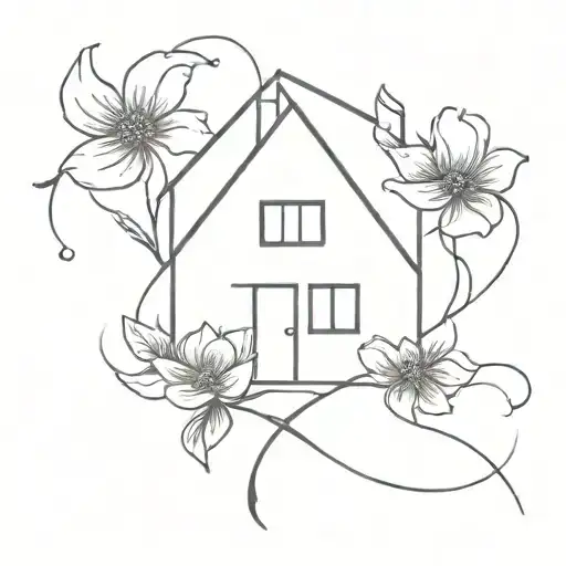 house with flower intertwined tattoo design idea