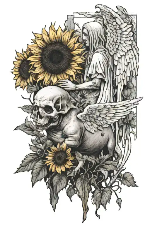 An angel standing behind a rotting pig corpse with sunflowers growing out of it tattoo design idea