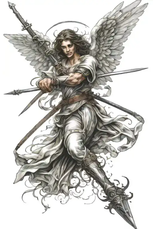 angel falling and swords crossed tattoo design idea