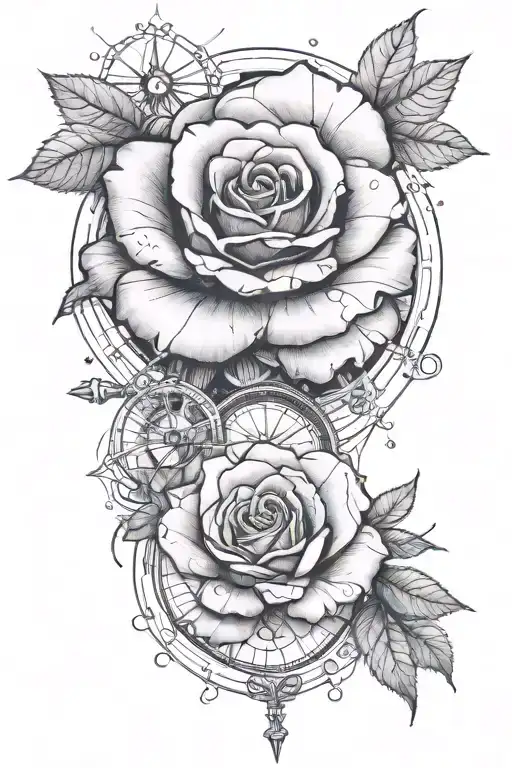A realistic tattoo, black and white, with a big rose, a compass, and an atom. There should be a  lot of black. It's for  tattoo design idea