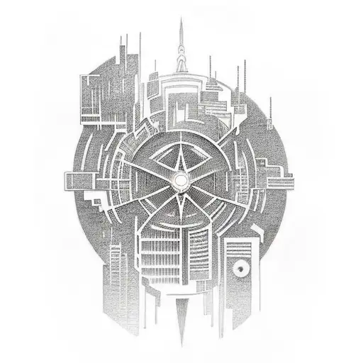 Imagine a tattoo showcasing a futuristic cityscape inspired by your favorite anime, with coding symbols integrated into the buildings. tattoo design idea