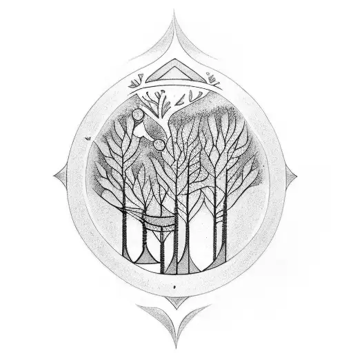 A traditional style tattoo of the Sleep Token logo with trees and crows surrounding it tattoo design idea