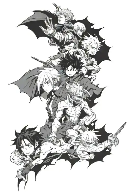 A tattoo featuring characters from My Hero Academia and Tokyo Ghoul engaged in an epic battle, with a background inspired by Lord of the Rings tattoo design idea