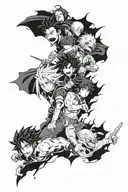 A tattoo featuring characters from My Hero Academia and Tokyo Ghoul engaged in an epic battle, with a background inspired by Lord of the Rings tattoo design idea