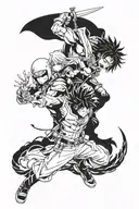 A tattoo featuring characters from My Hero Academia and Tokyo Ghoul engaged in an epic battle, with a background inspired by Lord of the Rings tattoo design idea