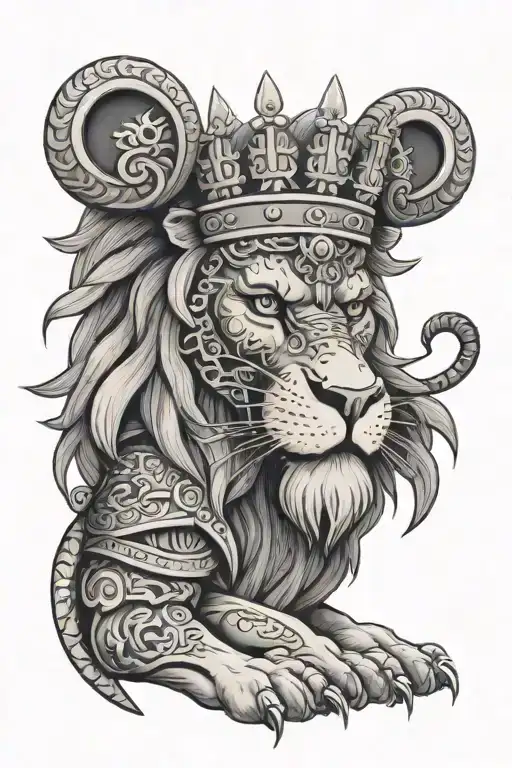 lion wearing a crown with a samurai warrior tattoo design idea